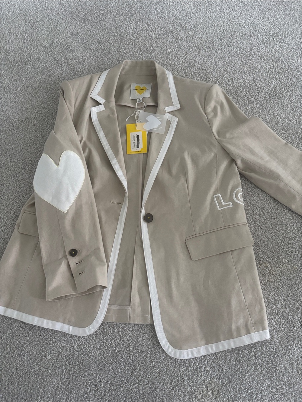 NWT Kerri Rosenthal Linen Blend Blazer with White Trim and Heart Patches